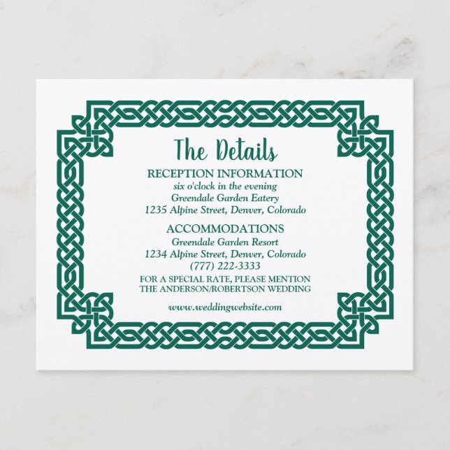 Tarjeta De Recepción Boda de Knot Claddagh, célebre verde esmeralda (Anverso)