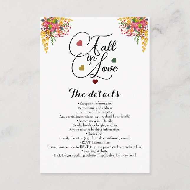 Tarjeta De Recepción Boda de la caída floral otoñal en escritura rusa (Anverso)