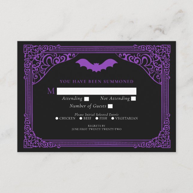 Tarjeta De Recepción Boda de la Catedral de Vampiro Gótico Morado RSVP (Anverso)