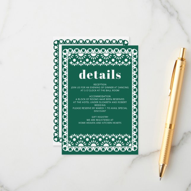 Tarjeta De Recepción Boda de la Fiesta Esmeralda del Papel Picado Boho (Anverso/Reverso In Situ)