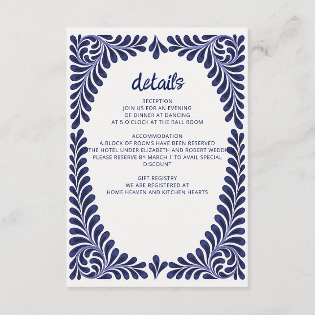 Tarjeta De Recepción Boda de la Marina Azul Talavera (Anverso)