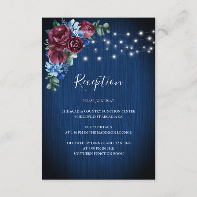 Tarjeta De Recepción Boda de la Marina Blue Burgundy Floral String Ligh (Anverso)