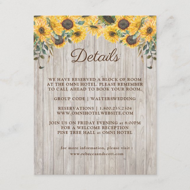 Tarjeta De Recepción Boda de la planta de girasol de madera rústica (Anverso)