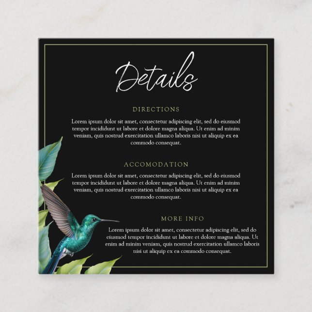 Tarjeta De Recepción Boda de las hojas tropicales de Emerald Hummingbir (Anverso)