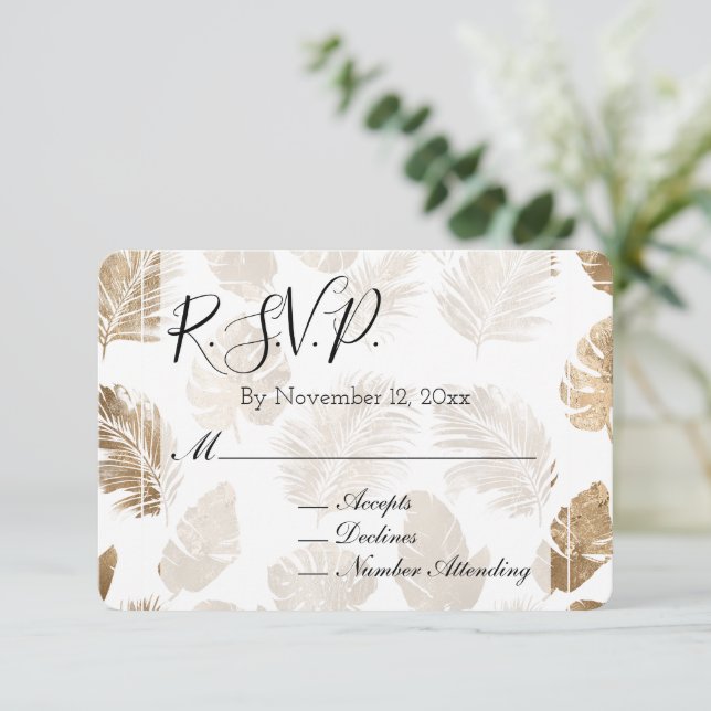 Tarjeta De Recepción Boda de las hojas tropicales de oro RSVP (Anverso de pie)