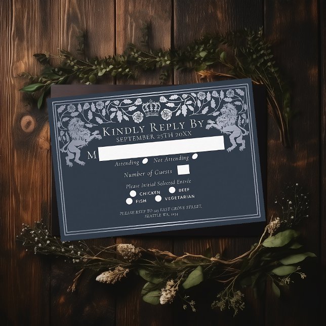 Tarjeta De Recepción Boda de León Medieval Azul Plateado RSVP (Subido por el creador)