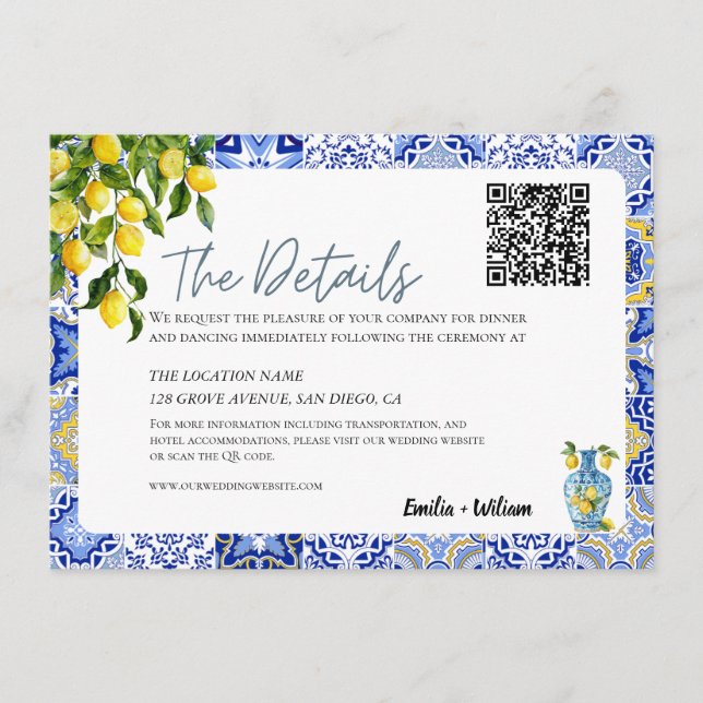 Tarjeta De Recepción Boda de limón mediterráneo Detalles del código QR (Anverso)