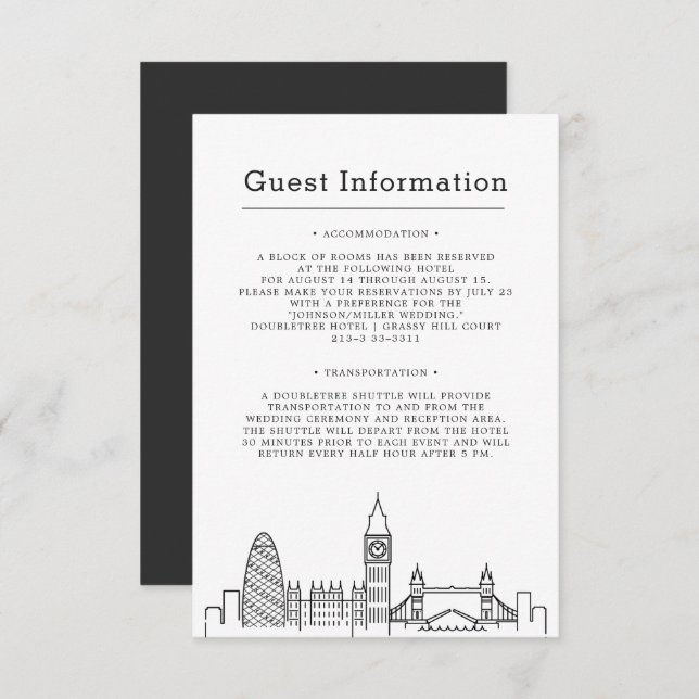 Tarjeta De Recepción Boda de Londres | Información de invitado unilater (Anverso / Reverso)