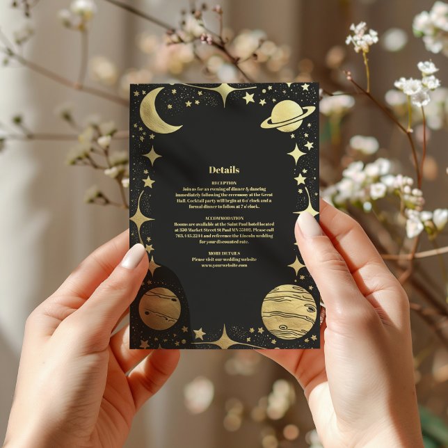 Tarjeta De Recepción Boda de Luna Creciente de Oro Negro Celestial (Subido por el creador)