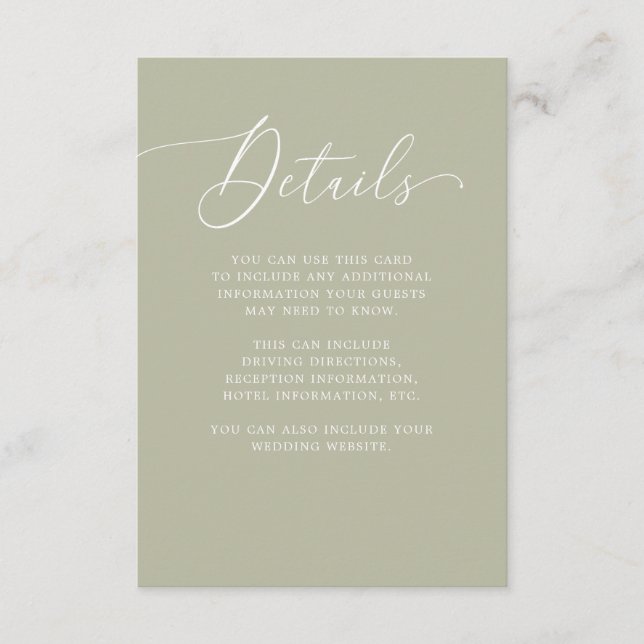Tarjeta De Recepción Boda de Luxe | Moss Green Guest Details Insert (Anverso)