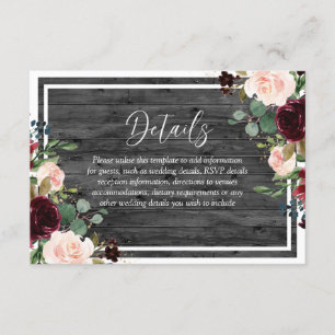 Tarjeta De Recepción Boda de madera de carbón vegetal de Borgoña y Rubo