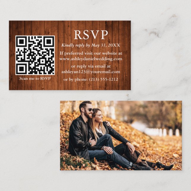Tarjeta De Recepción Boda de Madera Rusa QR Photo RSVP (Anverso / Reverso)