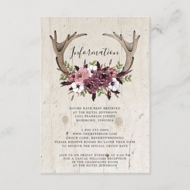 Tarjeta De Recepción Boda de madera rústica boho floral  (Anverso)