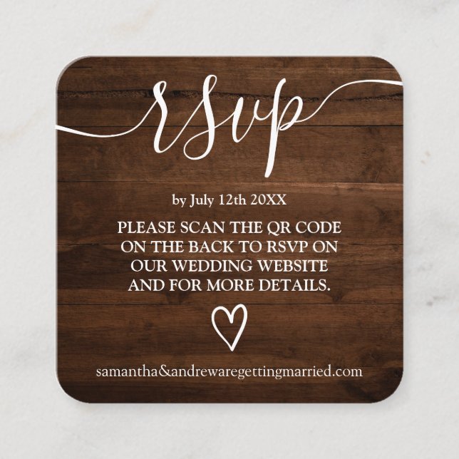 Tarjeta De Recepción boda de madera rústica código Qr rsvp (Anverso)