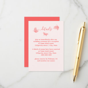 Tarjeta De Recepción Boda de mariposas rosadas de coral elegante y romá