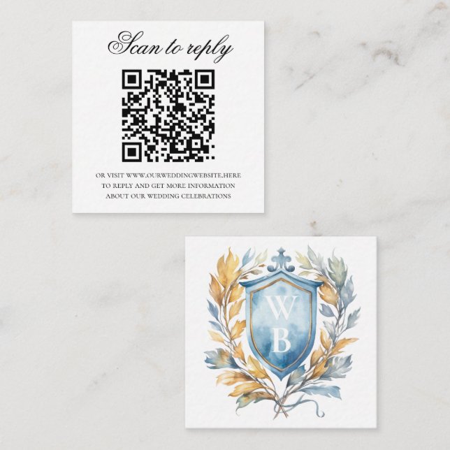 Tarjeta De Recepción Boda de Monograma Azul Romántico Código QR (Anverso / Reverso)
