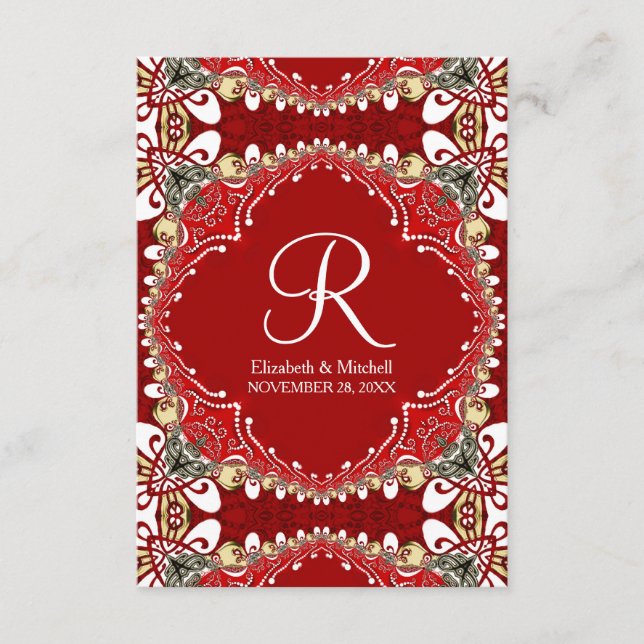 Tarjeta De Recepción Boda de monograma de batik bohemio rojo vertical (Anverso)