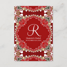 Tarjeta De Recepción Boda de monograma de batik bohemio rojo vertical