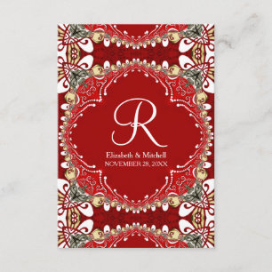 Tarjeta De Recepción Boda de monograma de batik bohemio rojo vertical