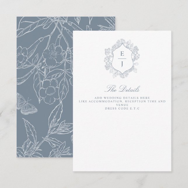Tarjeta De Recepción Boda de Monograma de Cresta Floral Azul Polvo (Anverso / Reverso)