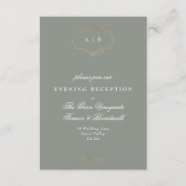 Tarjeta De Recepción boda de monograma de oro clásico de color verde sa