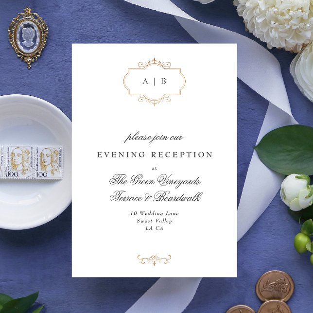 Tarjeta De Recepción boda de monograma de oro clásico romántico (Subido por el creador)