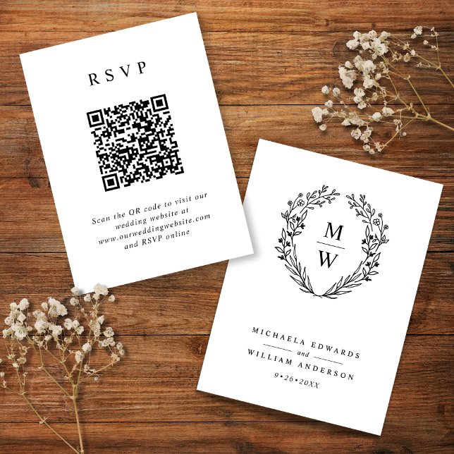 Tarjeta De Recepción Boda de monograma húmedo botánico Código QR RSVP (Subido por el creador)