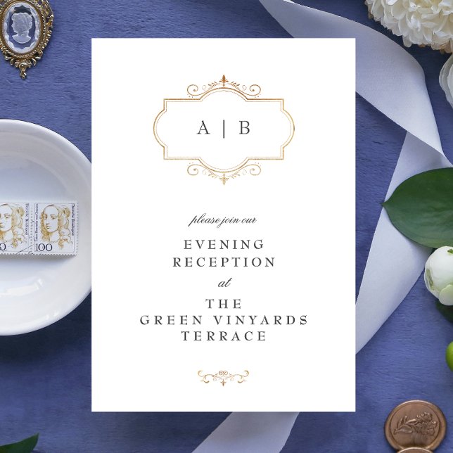 Tarjeta De Recepción boda de monograma tradicional de oro clásico román (Subido por el creador)