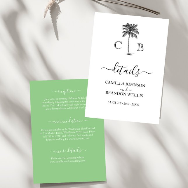 Tarjeta De Recepción Boda de Monogramos de Palma Verde Lime Tropical (Subido por el creador)