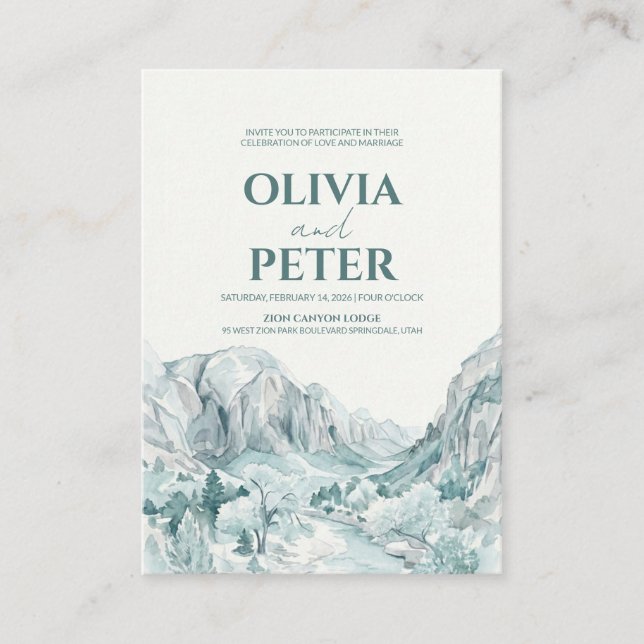 Tarjeta De Recepción Boda de Montaña con Acuarela en el Parque Nacional (Anverso)
