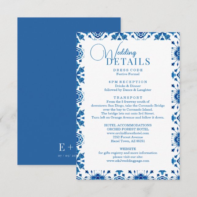 Tarjeta De Recepción Boda de mosaico azul moderno de verano mediterráne (Anverso / Reverso)