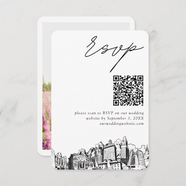 Tarjeta De Recepción Boda de Oakland Código QR RSVP moderno (Anverso / Reverso)