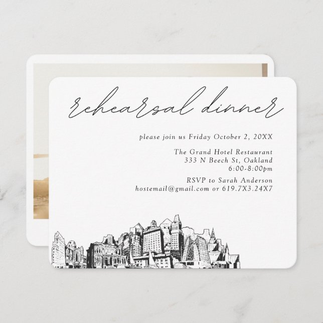 Tarjeta De Recepción Boda de Oakland elegante cena de ensayo (Anverso / Reverso)