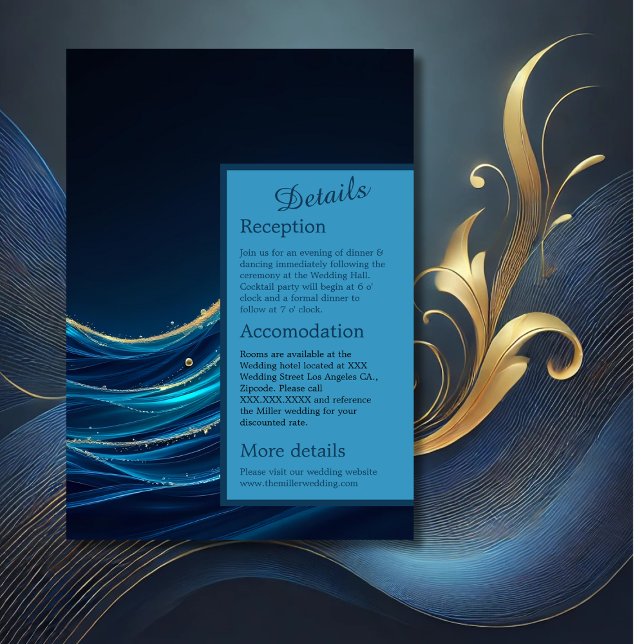Tarjeta De Recepción Boda de Olas Oceánicas con Acento Dorado (Subido por el creador)