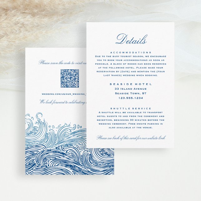 Tarjeta De Recepción Boda de ondas azules Detalles del hotel Info códig (Blue Nautical Waves wedding details hotel information insert card from Concertina Press)
