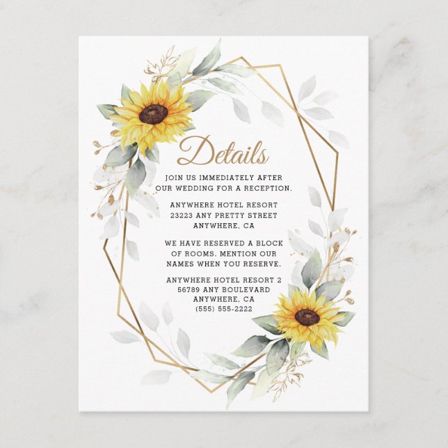 Tarjeta De Recepción Boda de oro geométrico elegante de girasol (Anverso)