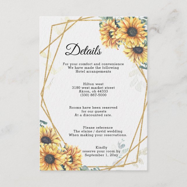 Tarjeta De Recepción Boda de oro geométrico elegante de girasol ruso (Anverso)