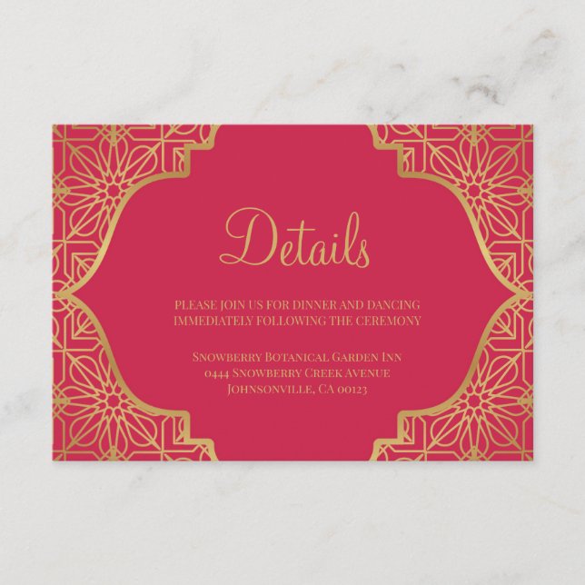 Tarjeta De Recepción Boda de oro rojo magenta moderno (Anverso)