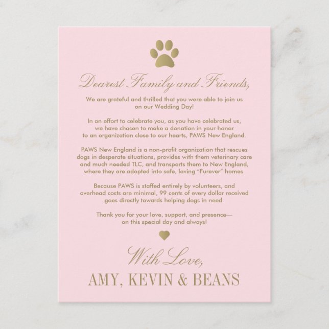 Tarjeta De Recepción Boda de oro rosado de donación de rescate animal (Anverso)