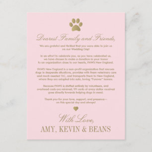 Tarjeta De Recepción Boda de oro rosado de donación de rescate animal