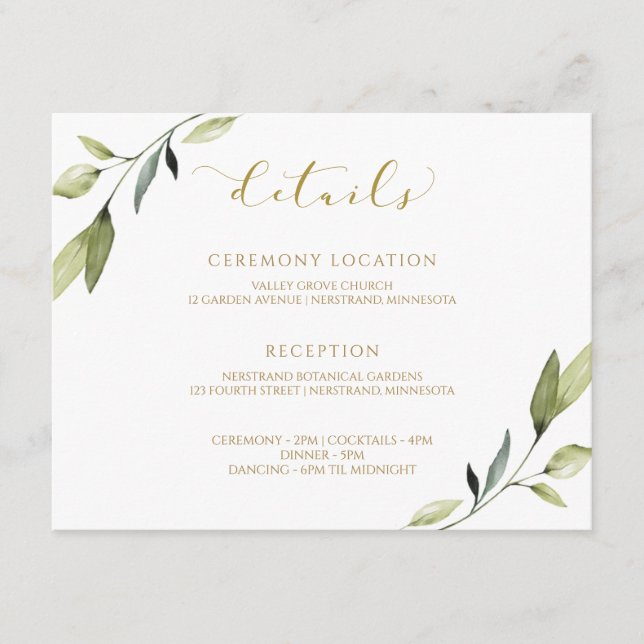 Tarjeta De Recepción Boda de oro Verdor Agua Botánica Elegante (Anverso)