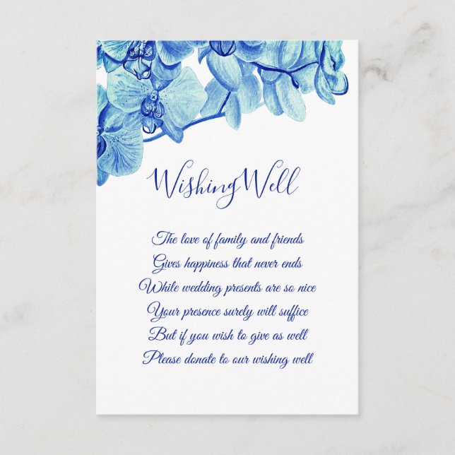 Tarjeta De Recepción Boda de orquídeas azules radiantes deseando bien (Anverso)