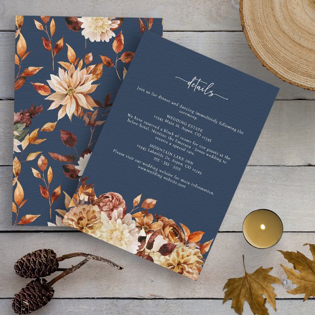 Tarjeta De Recepción Boda de Otoño Azul Marino (Watercolor Navy Blue Fall Wedding Enclosure Card by Painted Paperie
)