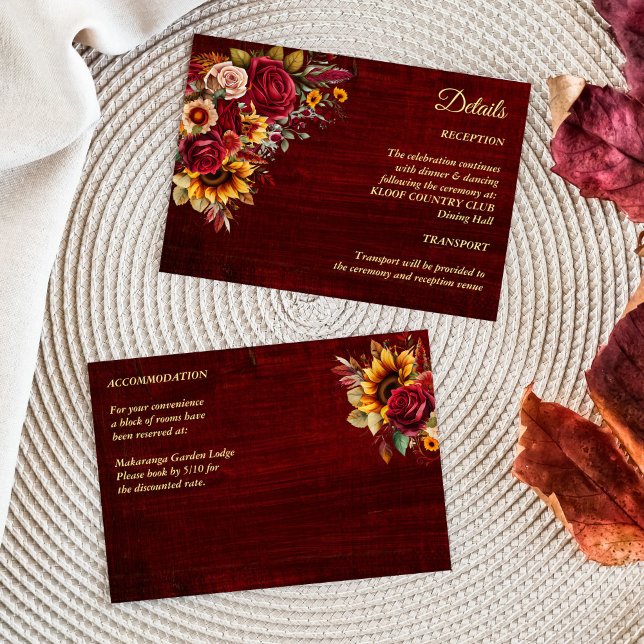 Tarjeta De Recepción Boda de otoño rosas burdeos girasoles amarillos (Fall wedding burgundy roses yellow sunflowers wedding details enclosure card invitation suite)