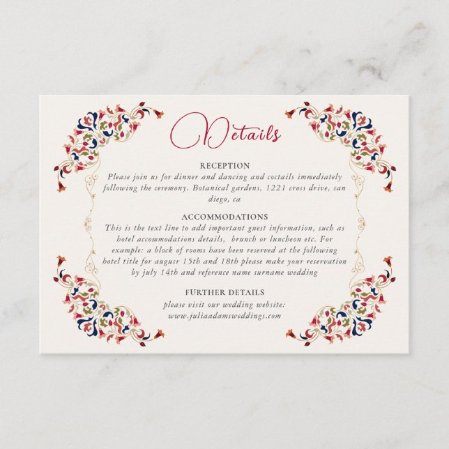 Tarjeta De Recepción Boda de Paisley Botánica Floral Artística de Lujo (Anverso)
