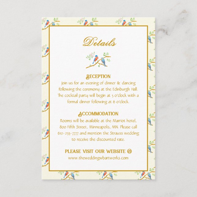 Tarjeta De Recepción Boda de pajaritos azules (Anverso)