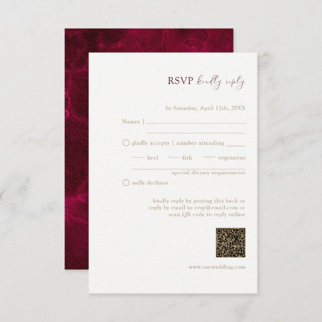 Tarjeta De Recepción Boda de Pasión Borgoña Código QR RSVP (Anverso / Reverso)