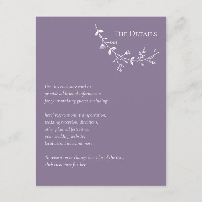 Tarjeta De Recepción Boda de pergamino Dusty Purple Details (Anverso)