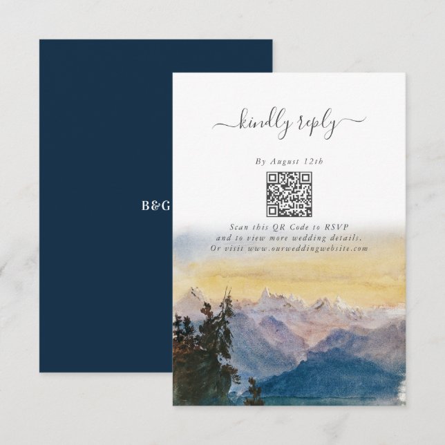 Tarjeta De Recepción Boda de pino de las montañas azul acuarela (Anverso / Reverso)