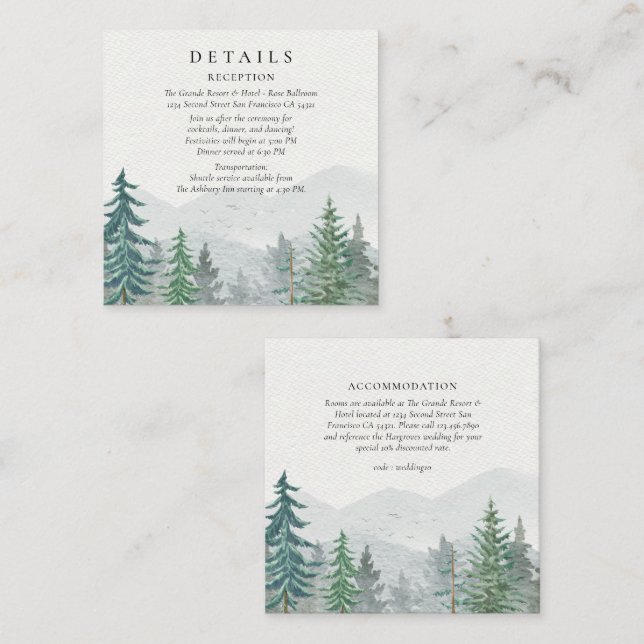 Tarjeta De Recepción Boda de pinos verdes de montaña de acuarela rusa (Anverso / Reverso)